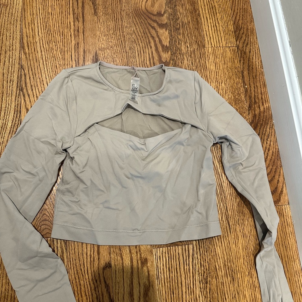 Garage Gray Long Sleeve Crop Bodysuit with Cut Out